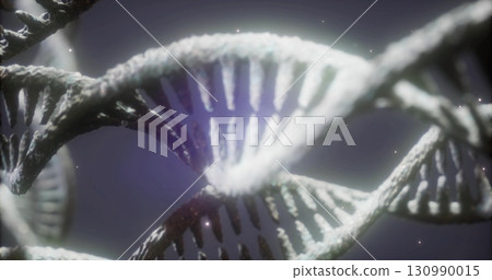 A close up view reveals the intricate helix of DNA, gracefully twisting in a swirling mist. The luminous strands shimmer, hinting at the mysteries of genetic information and life itself. 130990015
