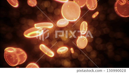 In a captivating display, luminous particles seem to float gracefully through a dark void, illuminated in various warm hues that enhance the dream like atmosphere of this microscopic world. 130990028