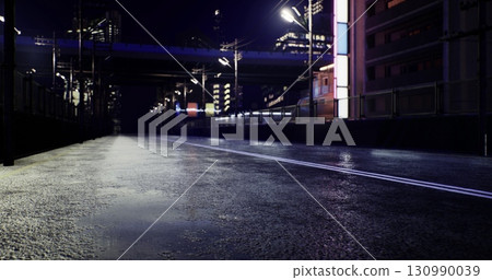 Under the night sky, a deserted urban road glimmers as bright lights bounce off the wet surface. Tall buildings loom, creating a vibrant yet serene atmosphere in the bustling city. 130990039