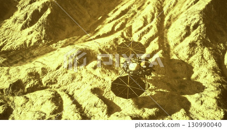 A Mars rover traverses the yellow tinted Martian landscape, skillfully navigating rocky mountains and dusty soil. Its mission is to uncover the planets mysteries and gather data. 130990040