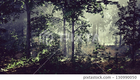 Dappled sunlight filters through tall trees in a serene forest. The air is filled with mist, creating an enchanting atmosphere for exploration and discovery in natures embrace. Dappled sunlight filters through tall trees in a serene forest. The air is filled with mist, creating an enchanting atmosphere for exploration and discovery in natures embrace. 130990050