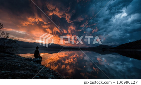 Silhouetted Figure by Tranquil Lake under Dramatic Skies at Sunset 130990127