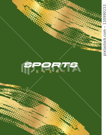 Abstract Sport Poster Design with Gold Brush Strokes on Green Background with Halftone Effect 130990153