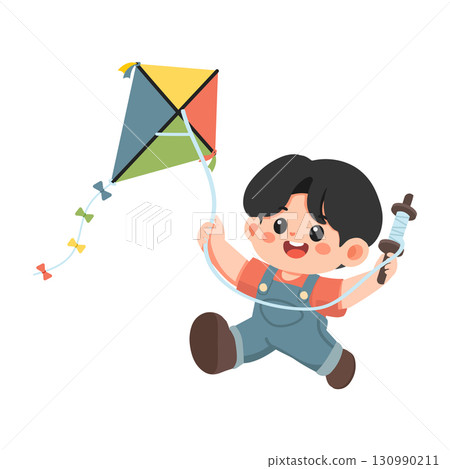 Cartoon Boy Flying Colorful Kite Illustration 130990211
