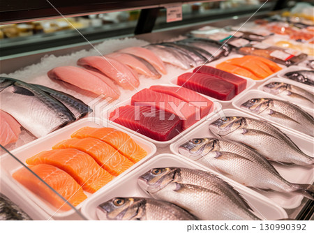 日本超市魚品區裡擺放著新鮮的魚 130990392