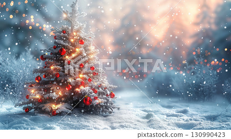 Beautiful Christmas tree with red ornaments and lights in snowy winter landscape 130990423