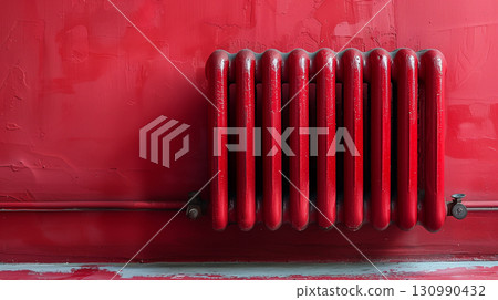 Red metal heating radiator on textured red wall background indoors 130990432