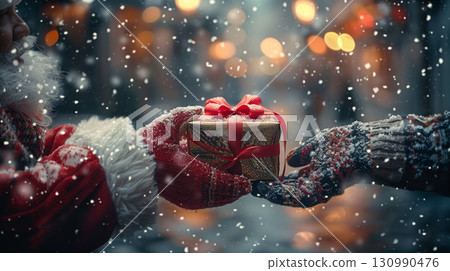 Santa Claus giving red Christmas gift box with ribbon in snowy festive atmosphere 130990476