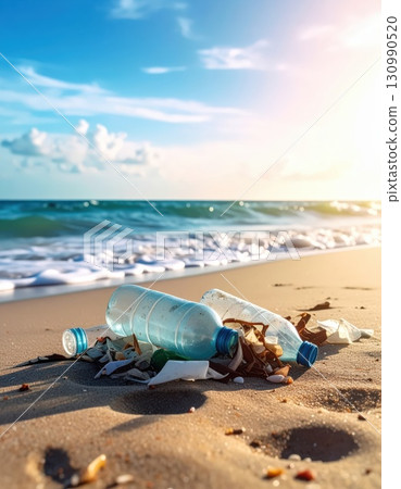 AI image: Plastic waste washed up on the beach 130990520