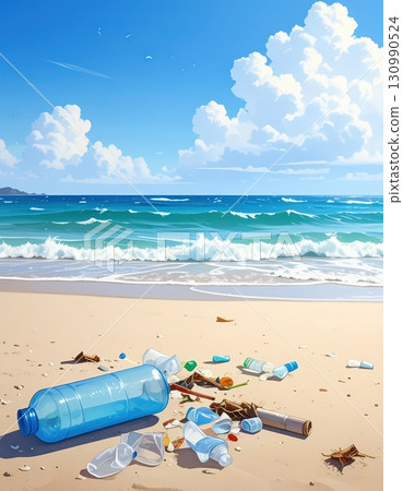 AI image: Plastic waste washed up on the beach 130990524