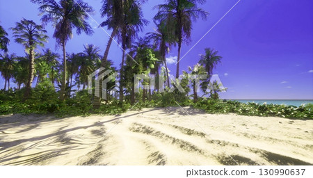 Golden sands meet the gentle waves of a tranquil ocean dotted with lush palm trees. The sky fades to shades of purple as the sun sets, casting a magical glow on this tropical escape. 130990637