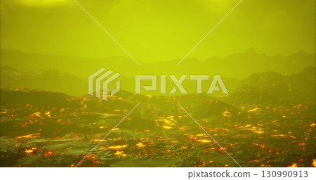 A stunning volcanic terrain glows with vibrant orange and red hues against a surreal yellow sky, creating a mesmerizing display of natures raw power just before twilight descends. A stunning volcanic terrain glows with vibrant orange and red hues against a surreal yellow sky, creating a mesmerizing display of natures raw power just before twilight descends. 130990913