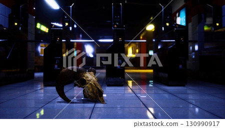 A weathered animal skull rests on glossy tiles in a dimly lit arcade. Abandoned gaming machines stand in the shadows, creating an eerie and intriguing atmosphere. 130990917