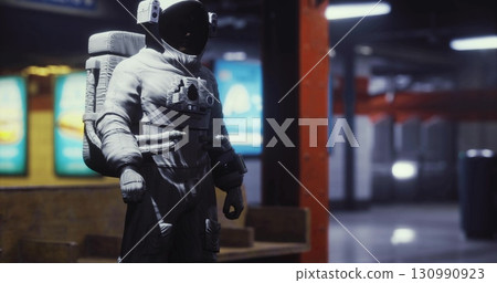 An astronaut figure is displayed in an empty subway station illuminated by neon lights at night. The surrounding area is quiet and mysterious, enhancing the unusual presence. An astronaut figure is displayed in an empty subway station illuminated by neon lights at night. The surrounding area is quiet and mysterious, enhancing the unusual presence. 130990923