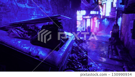 A narrow alley in a city illuminated by neon signs reflects vibrant colors on wet pavement. Trash bags are piled near a dumpster, creating a striking contrast with the lively atmosphere. A narrow alley in a city illuminated by neon signs reflects vibrant colors on wet pavement. Trash bags are piled near a dumpster, creating a striking contrast with the lively atmosphere. 130990934