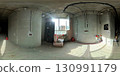 360-degree HDRI of a bright construction interior in a residential unit. Exposed piping and wiring suggest active renovation work.	 130991179