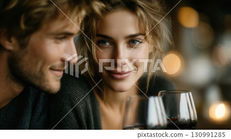Young causasian couple in a romantic restaurant 130991285