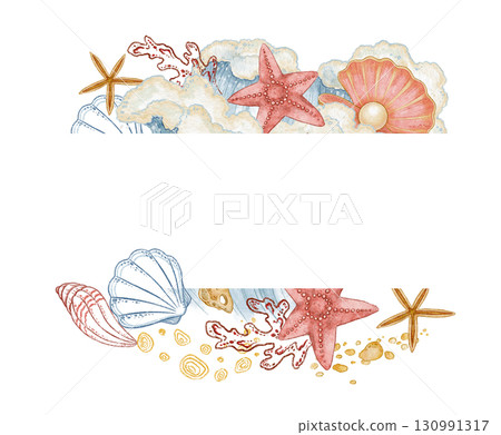 Watercolor text divider with wave and seashell in nautical frame style. Hand drawn line art in colored pencil with starfish and coral. Great for invitation card template or coastal summer print. 130991317