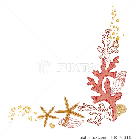 Red coral with beige starfish corner watercolor design. Hand drawn line art with sand and seashell in colored pencil style. Great for summer card or holiday print. Perfect for coastal project. Red coral with beige starfish corner watercolor design. Hand drawn line art with sand and seashell in colored pencil style. Great for summer card or holiday print. Perfect for coastal project. 130991318