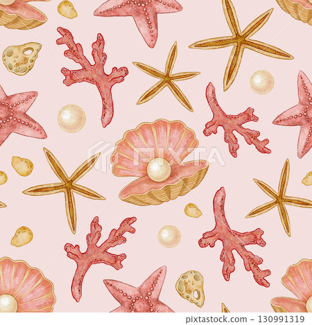 Sea seamless pattern with red coral and sandy starfish on pink background. Hand drawn watercolor and colored pencil art with shell. Great for fabric or wallpaper. Perfect for nautical print design. Sea seamless pattern with red coral and sandy starfish on pink background. Hand drawn watercolor and colored pencil art with shell. Great for fabric or wallpaper. Perfect for nautical print design. 130991319