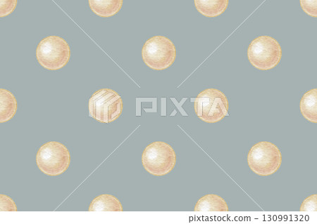 Simple seamless pattern with beige pearl on gray background in watercolor. Hand drawn elegant round shape in minimal polka dot design. Great for vintage fabric or wallpaper. Perfect for luxury print. 130991320