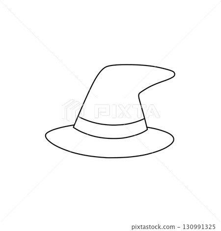 A simple black and white line drawing of a witch's hat 130991325