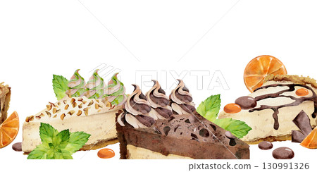 Cheesecake, chocolate torte. Mint leaves, orange slices, crushed nuts topping, merengue decor, ganache syrup drizzle, cocoa coated bonbons, hand painted in watercolor. Seamless banner border header 130991326