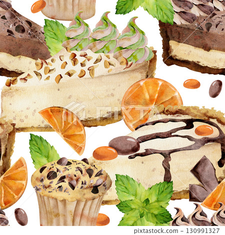 Watercolor citrus cheesecake slice with crushed nuts, mousse swirl, chocolate chips on orange muffin. Hand painted seamless pattern for recipe bundles, cafe graphics, sticker sheets, culinary themes. Watercolor citrus cheesecake slice with crushed nuts, mousse swirl, chocolate chips on orange muffin. Hand painted seamless pattern for recipe bundles, cafe graphics, sticker sheets, culinary themes. 130991327