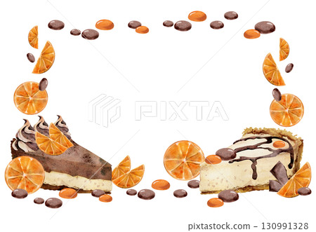 Chocolate drizzled layered cheesecake with orange slices, candy bonbons, cocoa bean dragee hand painted in watercolor. Isolated corner frame for food fest posters, recipe e-book graphics, dessert tags 130991328