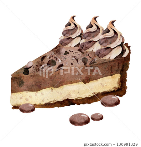 Layered cheesecake slice with whipped cream topping, chocolate and souffle truffle cake, candy dragee bonbons in watercolor. Isolated hand painted dessert. Gourmet packaging, luxury food blog posts Layered cheesecake slice with whipped cream topping, chocolate and souffle truffle cake, candy dragee bonbons in watercolor. Isolated hand painted dessert. Gourmet packaging, luxury food blog posts 130991329