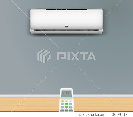 Air condition split system with remote control. Remote control is pointed at the air conditioner on the wall. Air condition split system with remote control. Remote control is pointed at the air conditioner on the wall. 130991381