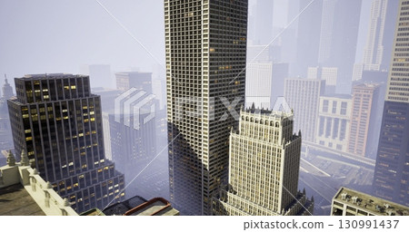 A city skyline reveals tall skyscrapers shrouded in early morning fog. The scene features a mix of modern architecture and historical designs. The atmosphere is quiet and serene. A city skyline reveals tall skyscrapers shrouded in early morning fog. The scene features a mix of modern architecture and historical designs. The atmosphere is quiet and serene. 130991437