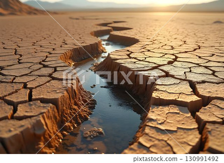 Desert Riverbed with Cracked Earth 130991492