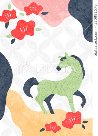 New Year's card (Year of the Horse) 2026 Horse and Camellia Japanese modern Japanese paper and Japanese pattern background template 130991576