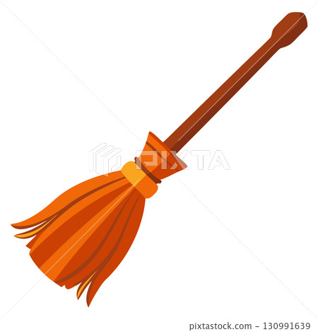 A cartoon broom with an orange head and brown handle isolated on white background, perfect for halloween, cleaning, or magical illustrations 130991639