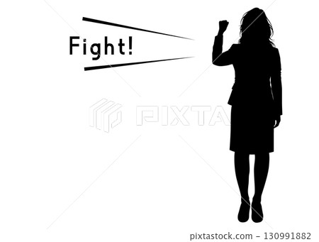 Silhouette of a businesswoman doing a fist pump. Full body front view. 130991882