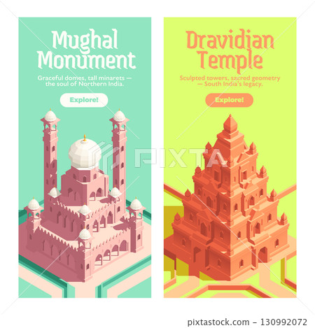 Isometric Sacred Indian Temples and Palaces Vertical Banner Collection 130992072
