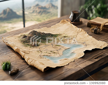 Opened fantasy map displaying enchanted landscapes. AI Generated. 130992080