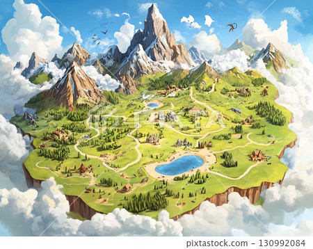 Scenic Fantasy World Map with Mountain Roads, Valleys, and Hills.  Abstract 3d nature landscape. AI Generated. 130992084