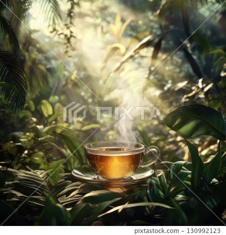 Cup of steaming tea nestled among lush tropical vegetation at dawn in a serene jungle setting Cup of steaming tea nestled among lush tropical vegetation at dawn in a serene jungle setting 130992123