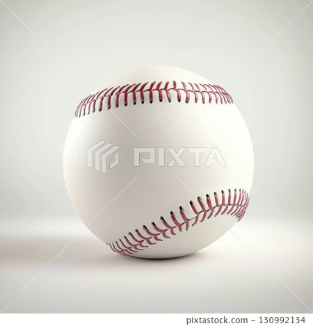 Classic baseball resting on a flat surface with intricate stitching details highlighted in soft lighting 130992134