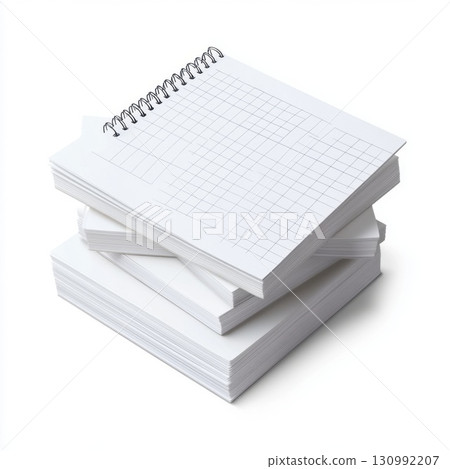 Blank spiral notebooks stacked on a white surface ready for creative ideas and notes 130992207