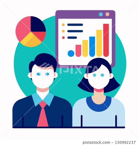 Men and woman discussing data charts in a modern minimalist office 130992237