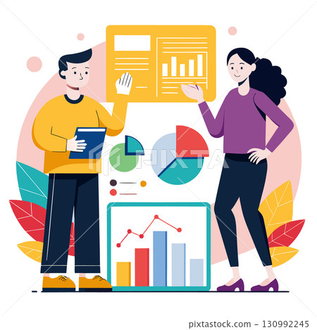 Office workers analyzing statistics, dashboard and graph elements. Cartoon vector illustration. Office workers analyzing statistics, dashboard and graph elements. Cartoon vector illustration. 130992245