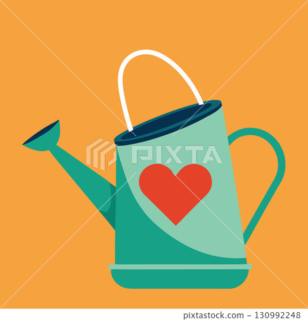 Watering can with heart and flower on orange background Watering can with heart and flower on orange background 130992248