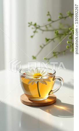 Bright Still Life Glass Cup with Chamomile Flower Tea Drink Bright Still Life Glass Cup with Chamomile Flower Tea Drink 130992267