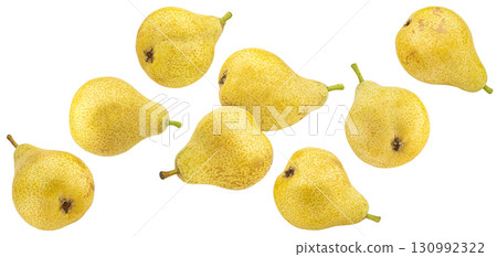 Falling yellow pears isolated on white background with clipping path, full depth of field Falling yellow pears isolated on white background with clipping path, full depth of field 130992322