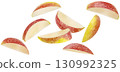 Falling apple slices isolated on white background with clipping path, full depth of field 130992325