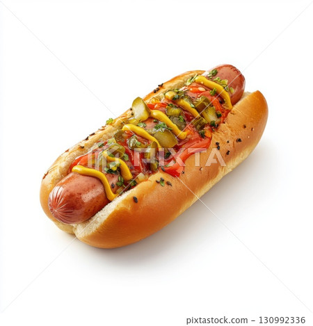 Delicious hot dog with mustard, ketchup, pickles, and onions served in a soft bun on a white background 130992336