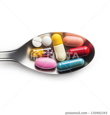 Various colored pills and capsules arranged on a spoon against a white background 130992343